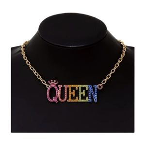 QUEEN Glass Stone Pave Script Short Necklace